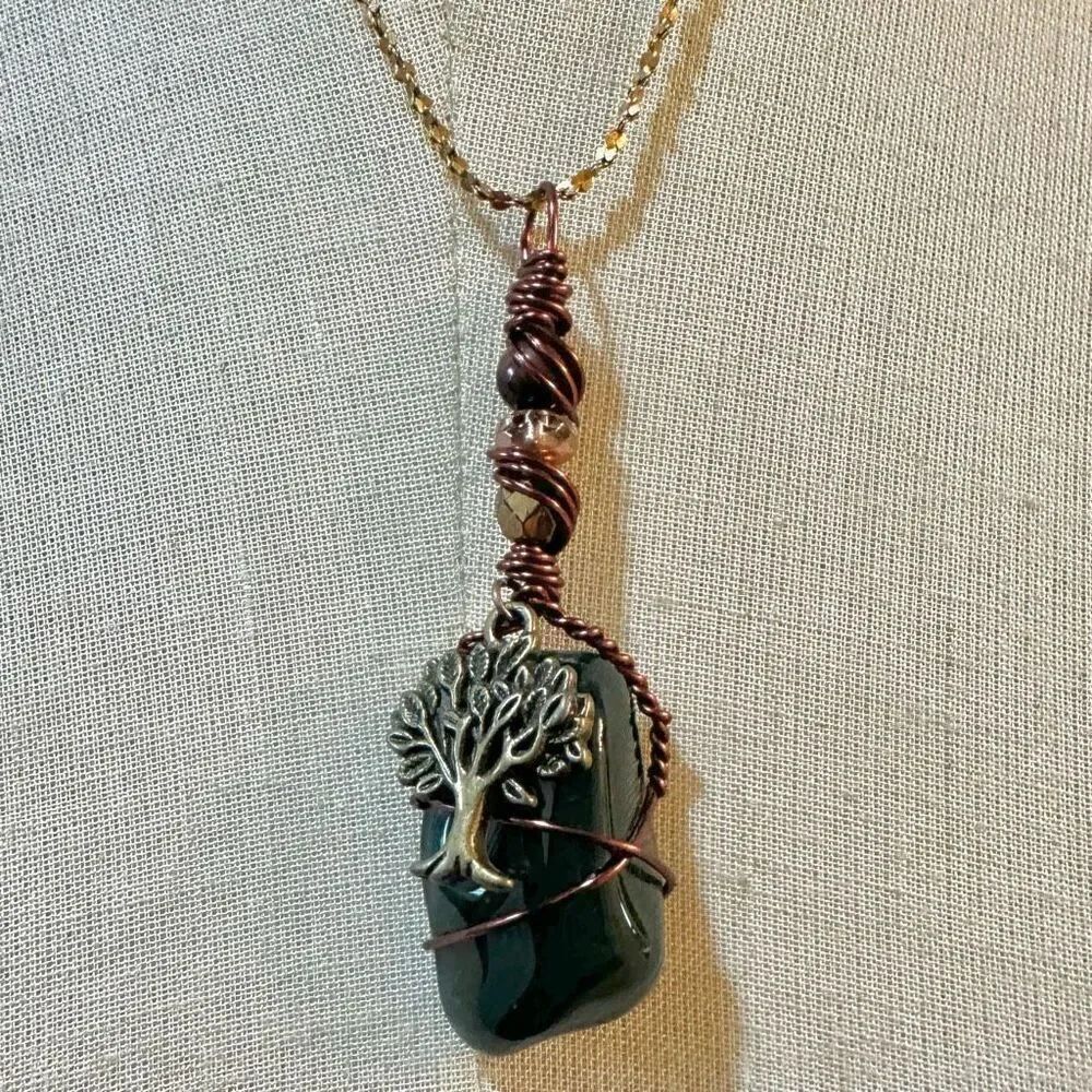 Green stone wire wrapped tree charm pendant necklace